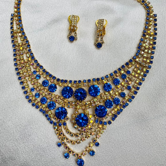 ROYAL BLUE and Gold Dazzling necklace sets in glass stones and rhinestones. - Picture 1 of 5